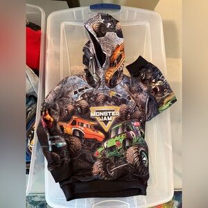 Monster Jam Boys' Hooded Sweatshirt - Black with Orange & Green Trucks